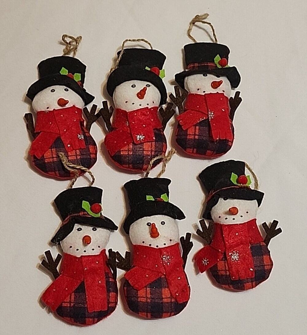 Set of 6 Red Buffalo Check Felt Snowman Ornaments with Top Hats 5.5"